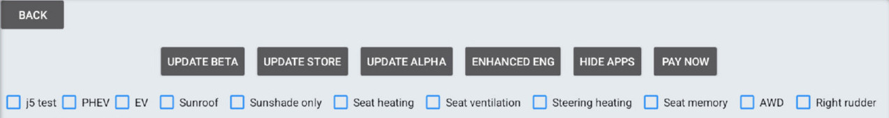 Developer menu showing the car feature selection controls.