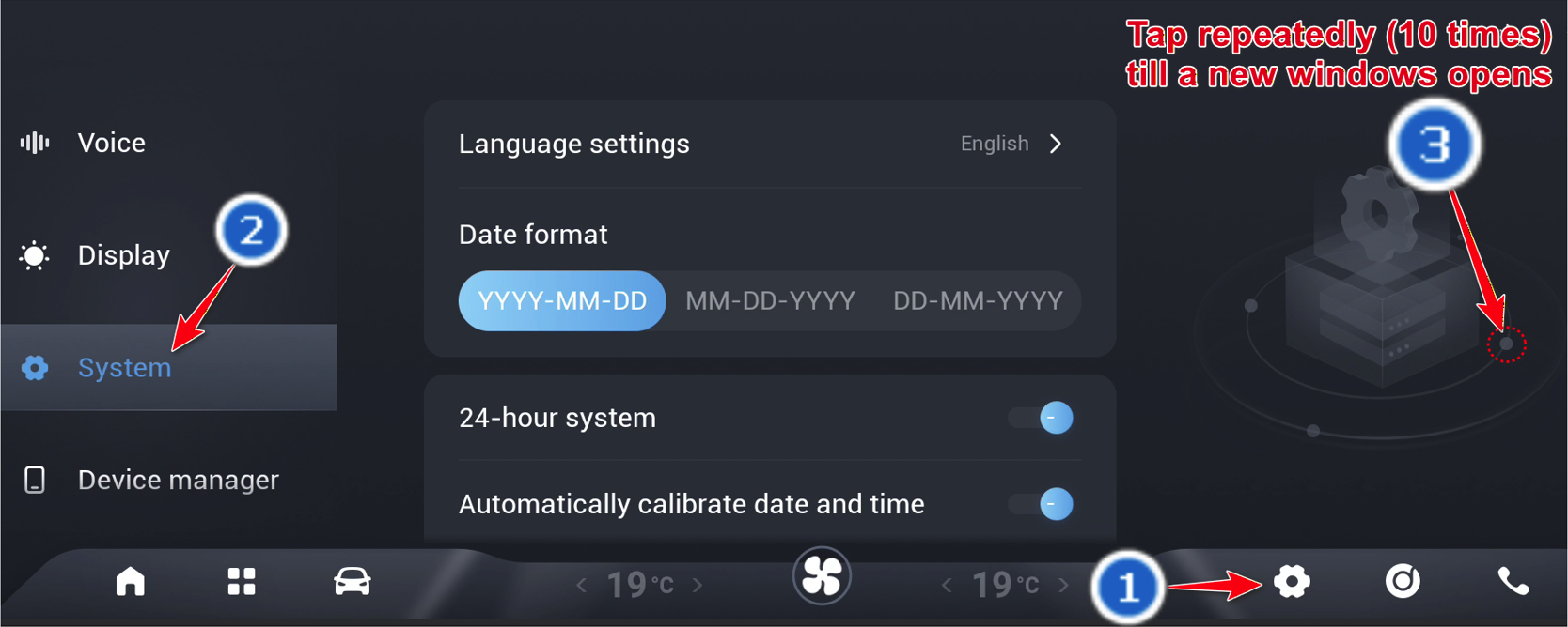 Narrow multimedia screen showing Settings, System, and the point used to open the Engineer menu.