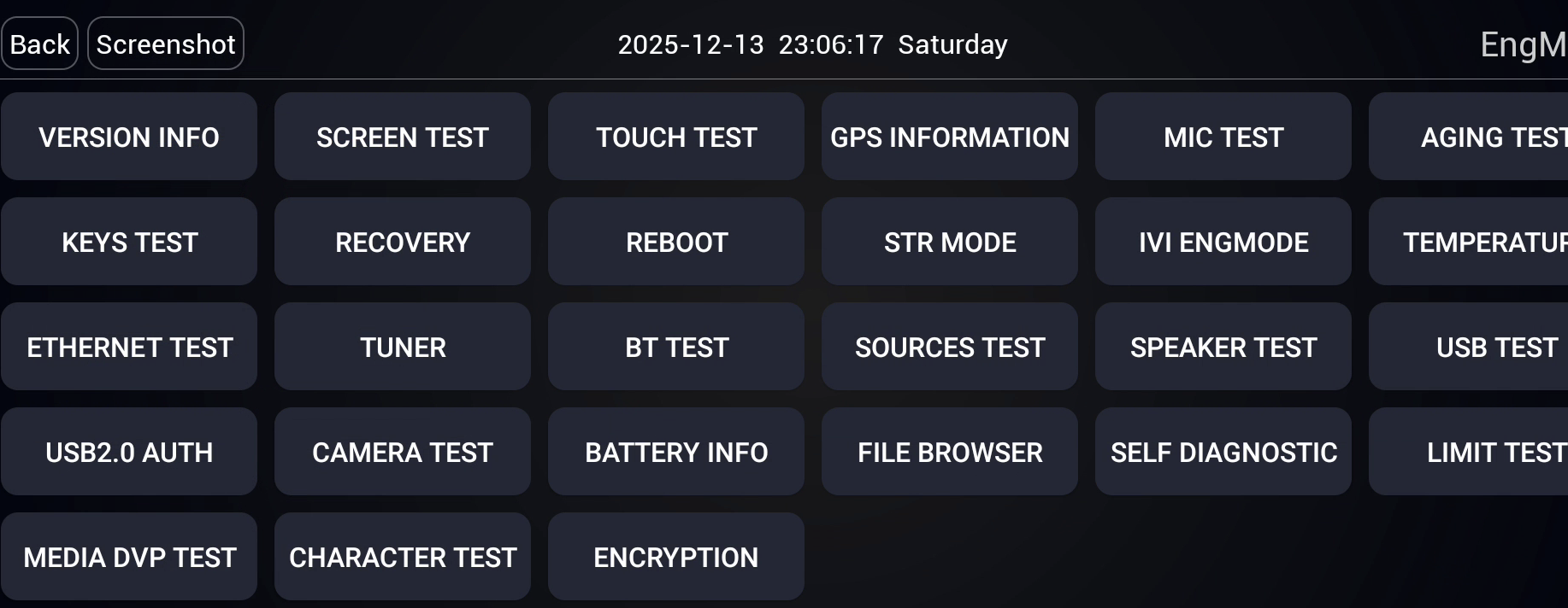 Opened EngMode window showing the multimedia system diagnostic menu.