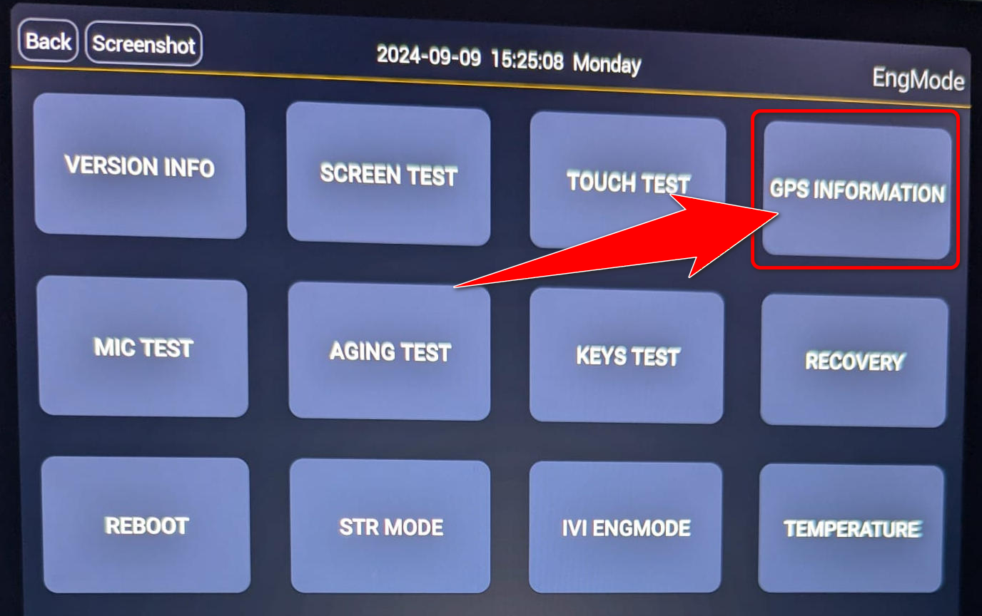 Engineer menu with the GPS INFORMATION button highlighted.