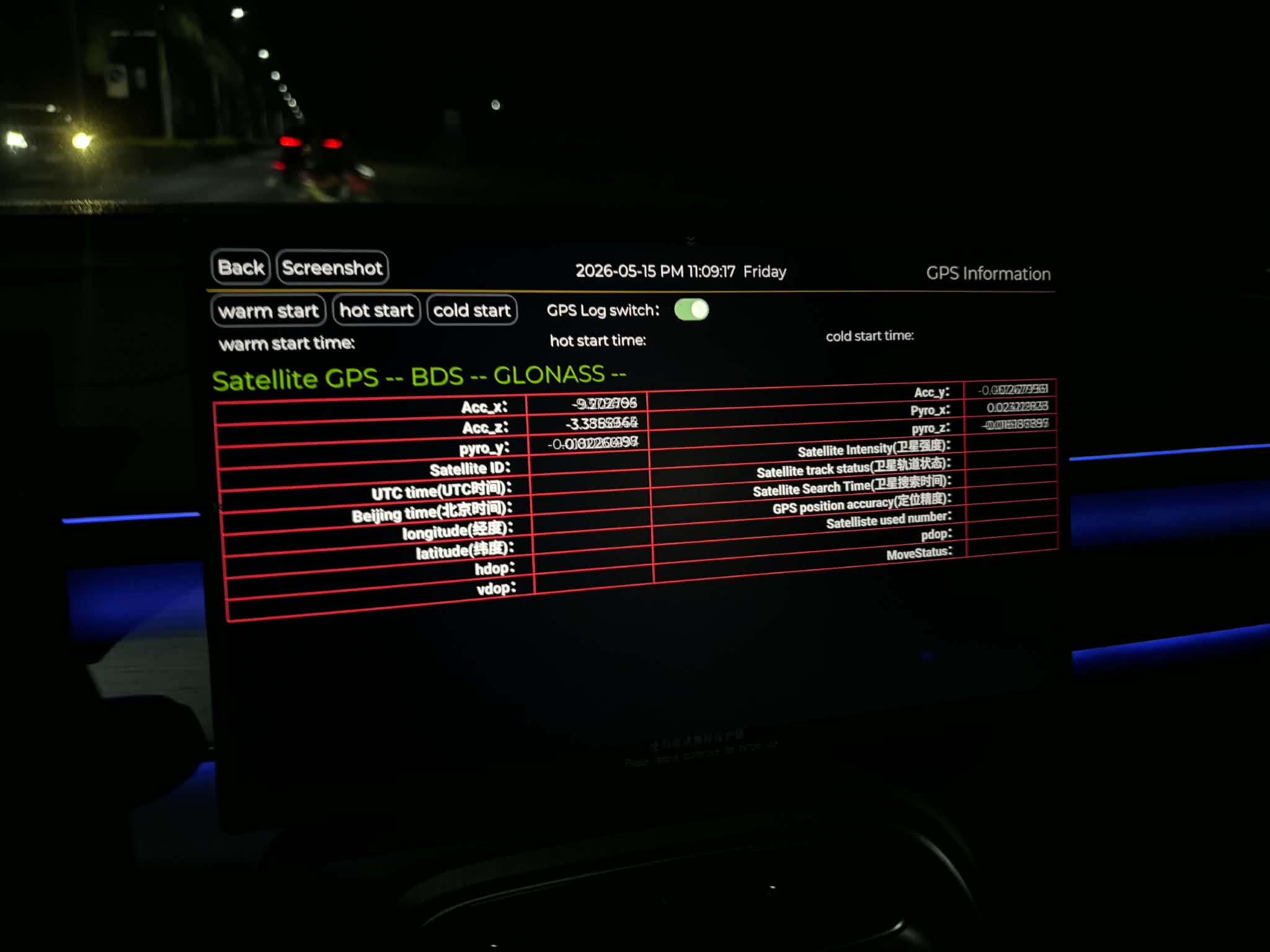 GPS Information screen with empty satellite and location fields, showing that no satellite fix is available.