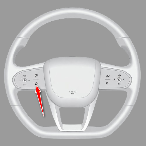 Steering wheel with an arrow pointing to the star button used to restart the car screen.
