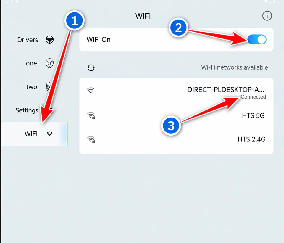 Wi-Fi menüsünü, Wi-Fi anahtarını ve bağlı ağın durumunu numaralı oklarla gösteren Driver Settings Wi-Fi ekranı